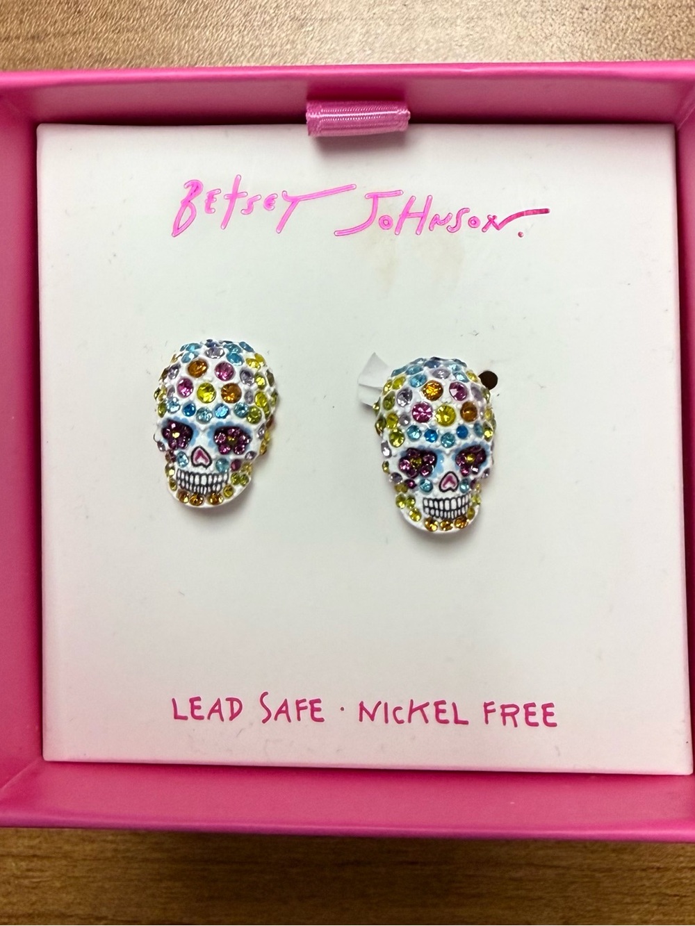 Betsey Johnson White Skull Stud Earrings with Multicolor Crystals